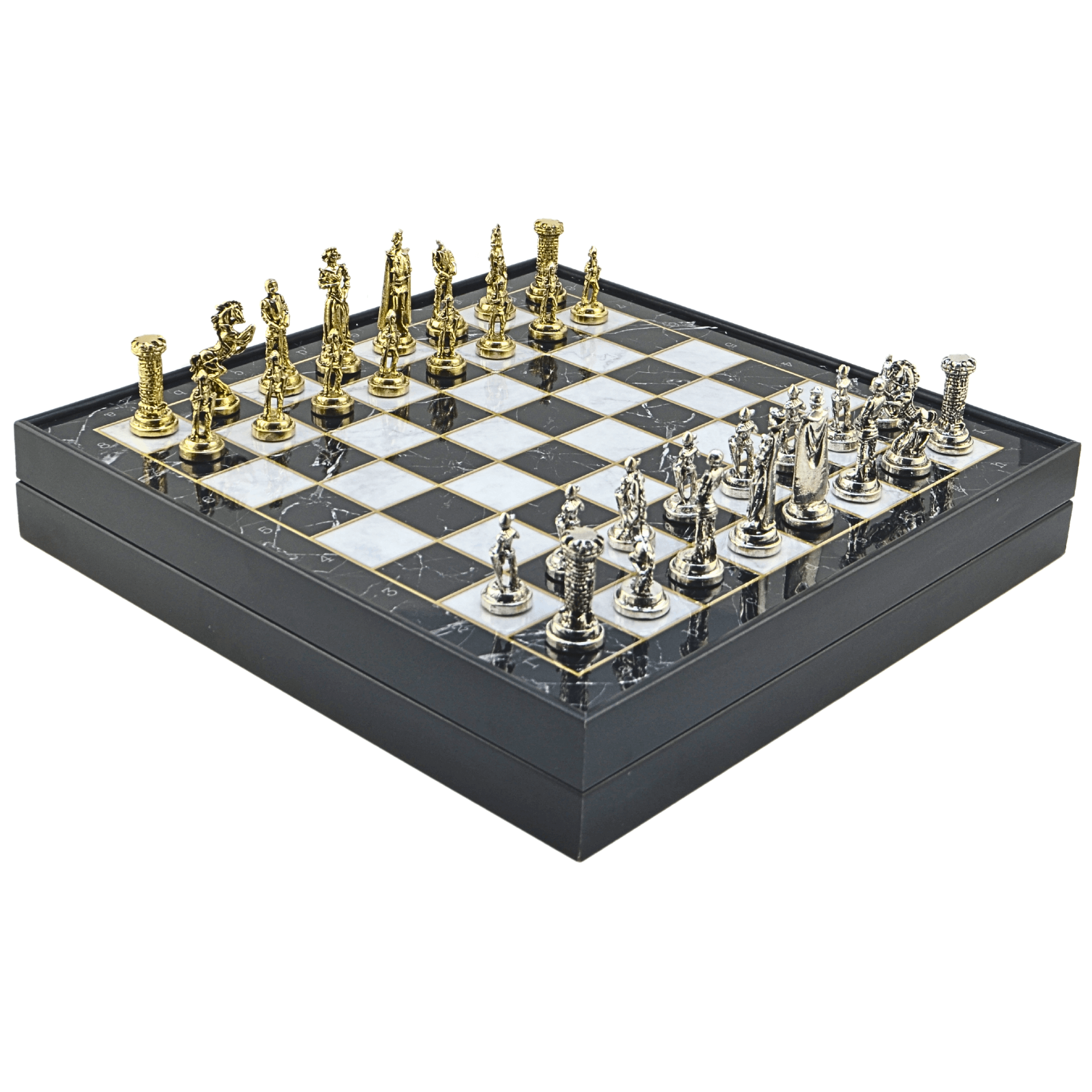 GiftHome Orta Boy Metal İNGİLİZ Satranç Tk. Parlak ve Mermer Desenli Sandıklı MDF Tahtası(36X36X6 cm.) 