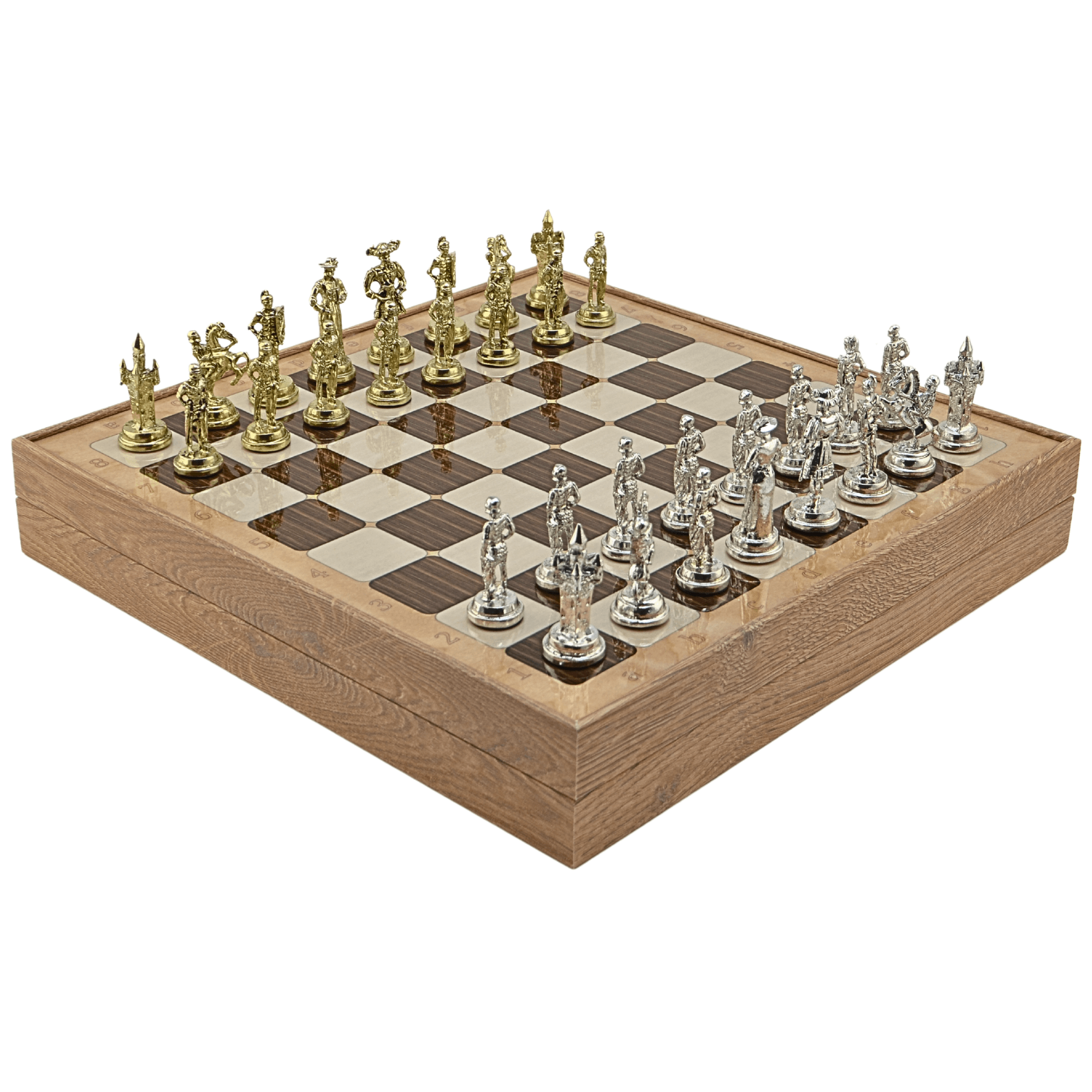 GiftHome Orta Boy Metal İSPANYOL Satranç Tk. Parlak ve Rustik Desenli Sandıklı MDF Tahtası(36X36X6 cm.) 