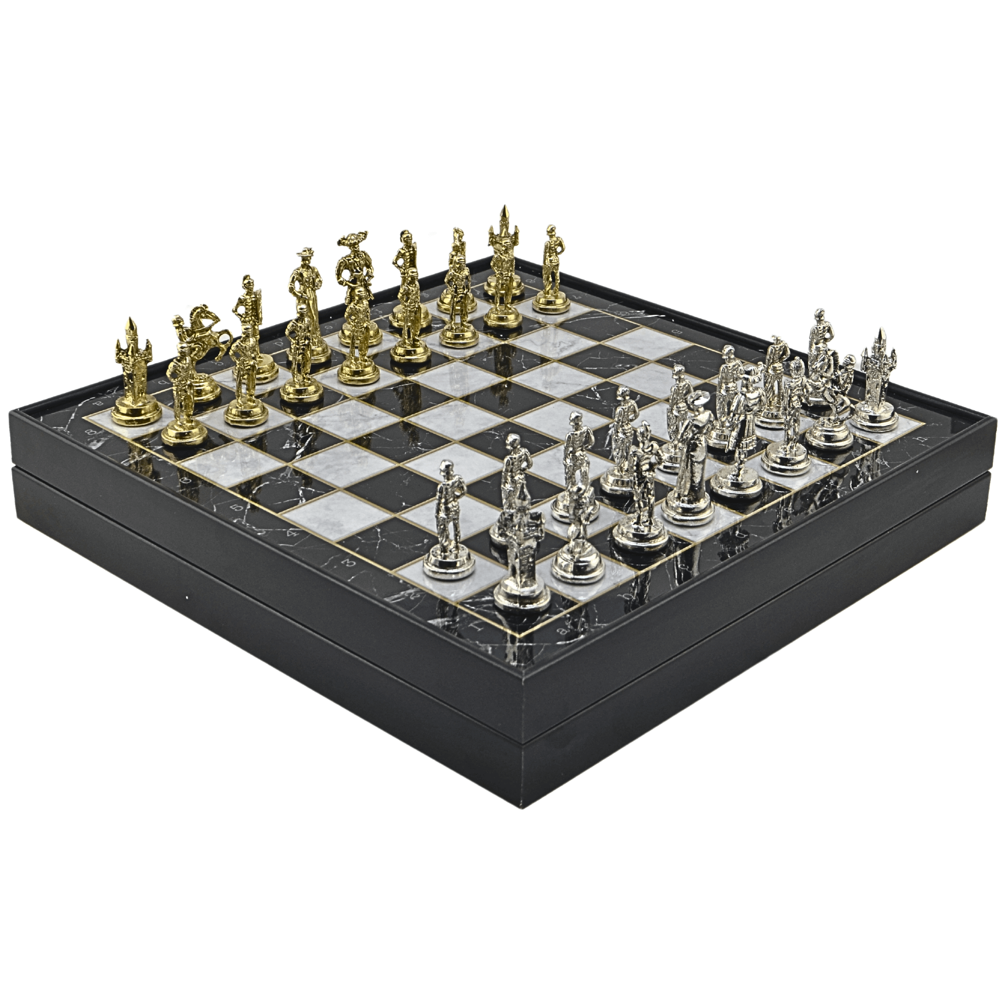 GiftHome Orta Boy Metal İSPANYOL Satranç Tk. Parlak ve Mermer Desenli Sandıklı MDF Tahtası(36X36X6 cm.) 