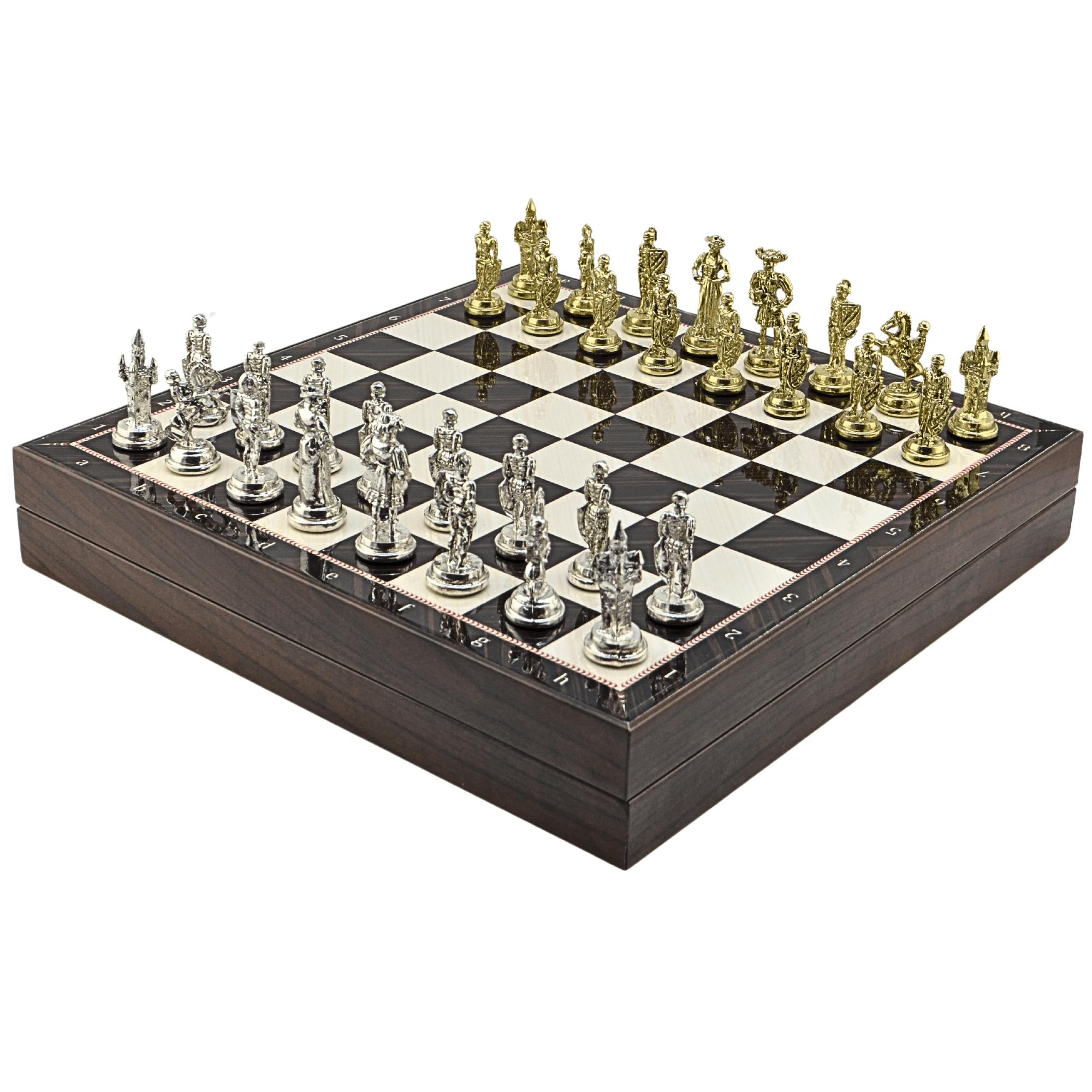 GiftHome Orta Boy Metal İSPANYOL Satranç Tk. Parlak ve Ceviz Desenli Sandıklı MDF Tahtası(36X36X6 cm.) 