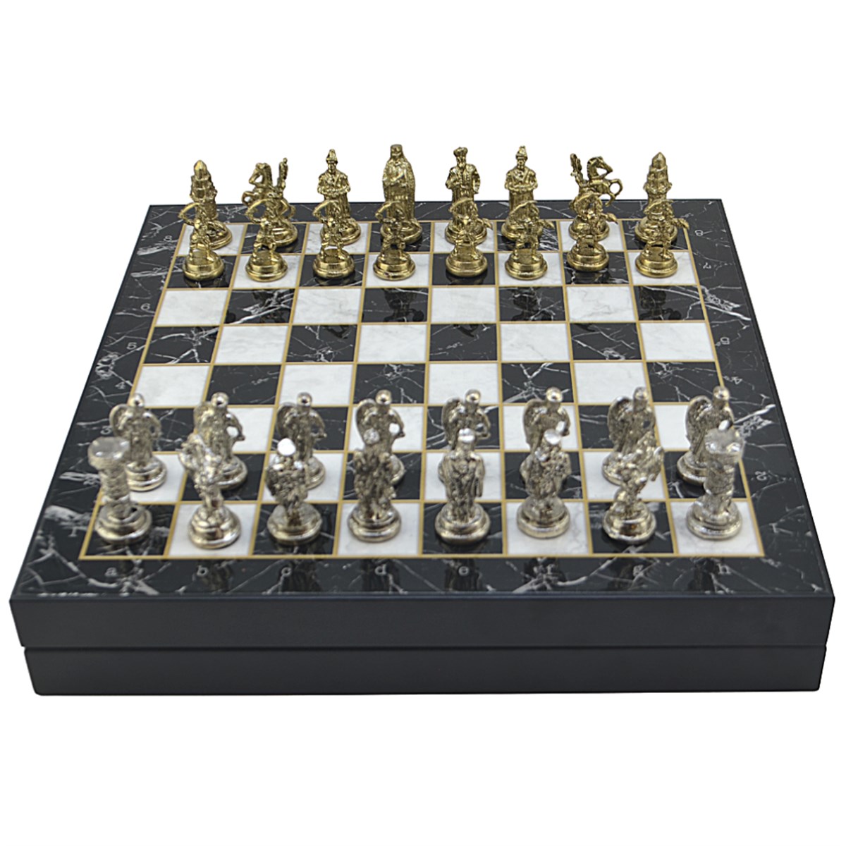 GiftHome Orta Boy Metal Osmanlı-Bizans Satranç Takımı Parlak ve Mermer Desenli Sandıklı MDF Tahtası (36x36x6 cm.)
