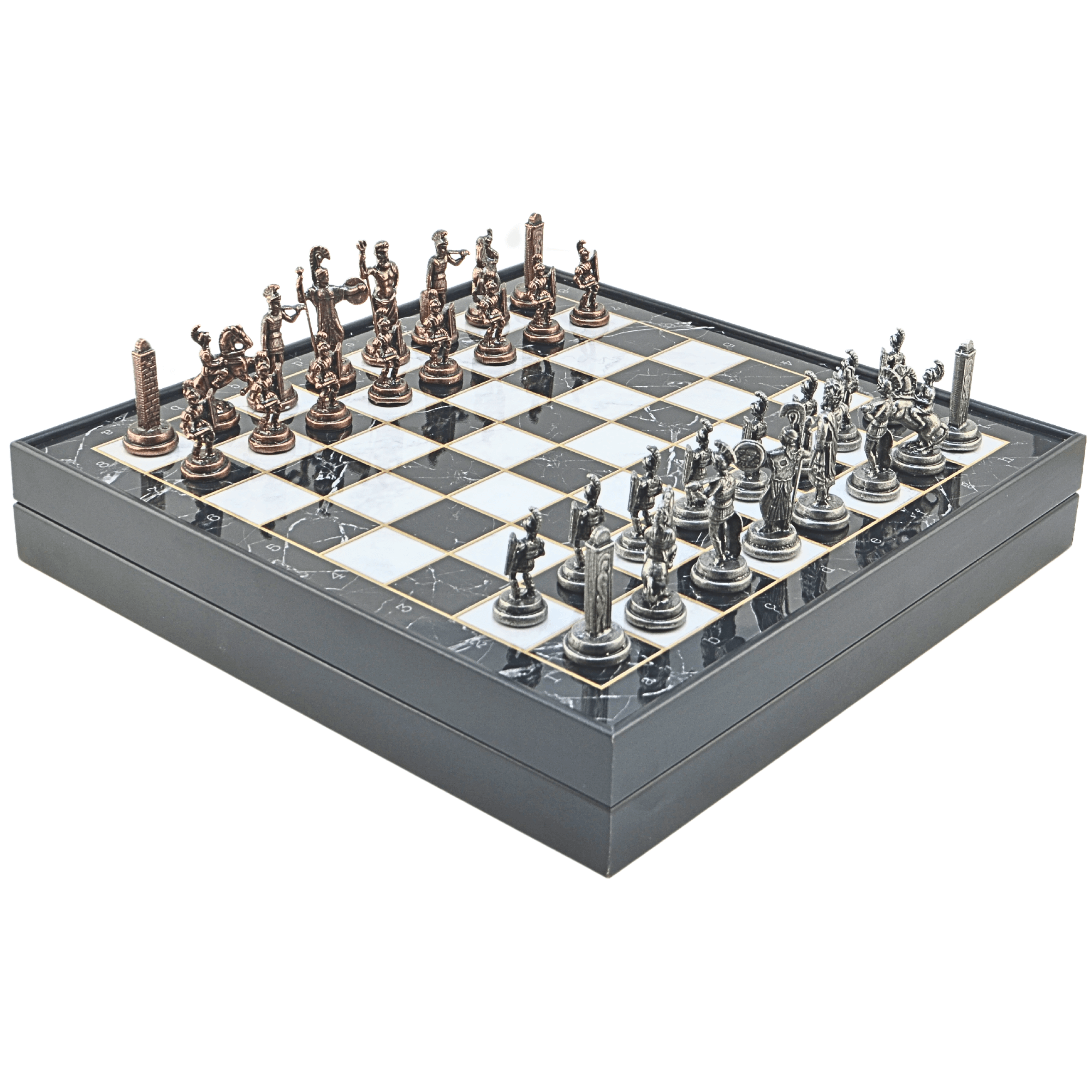 GiftHome Orta Boy Metal YUNAN MİTOLOJİSİ Satranç Tk. Antik ve Mermer Desenli Sandıklı MDF Tahtası(36X36 cm.) 