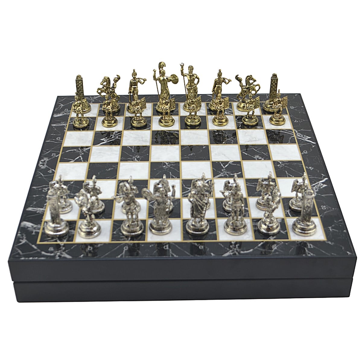 GiftHome Orta Boy Metal Yunan Satranç Takımı Parlak ve Mermer Desenli Sandıklı MDF Tahtası (36x36x6 cm.)