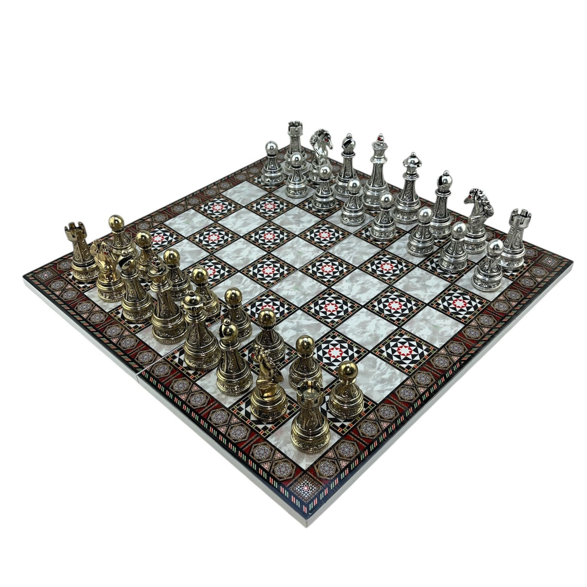 GiftHome Premium Battal Boy Metal İŞLEMELİ KLASİK Satranç Takımı  ve Katlanır Sedef Desenli MDF Satranç Tahtası (43X43 cm.)