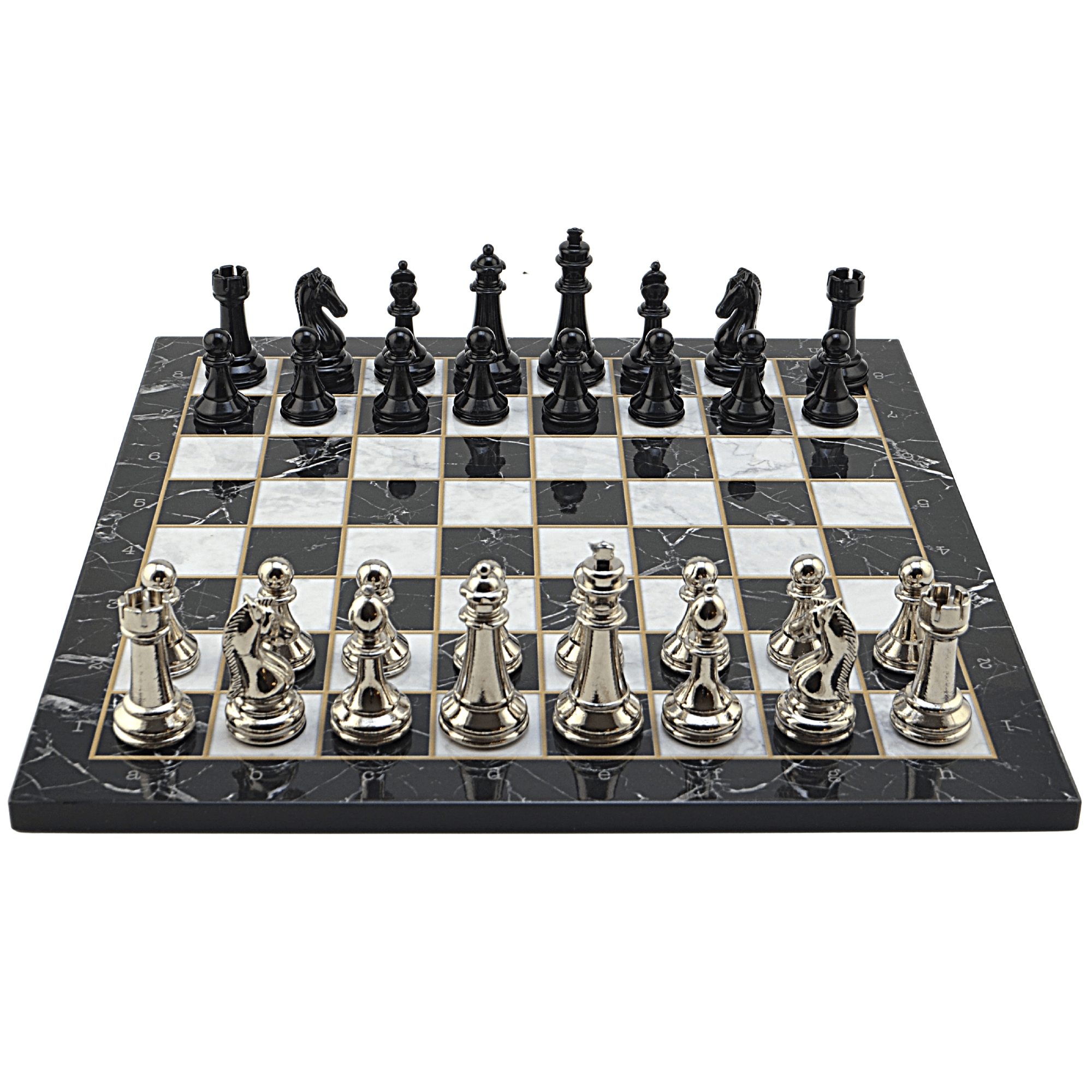 GiftHome Premium Black Metal Klasik Satranç Takımı ve Mermer Desenli Düz MDF Tahtası (37X37 cm.)