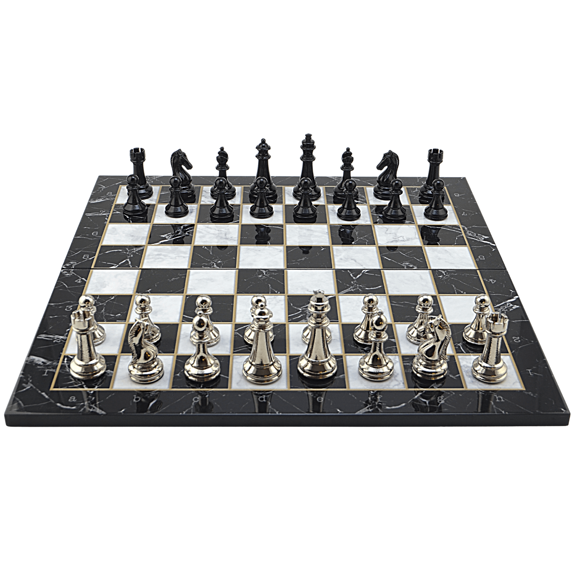 GiftHome Premium Black Metal Klasik Satranç Takımı ve Katlanır Mermer Desenli MDF Tahtası (43X43 cm.)