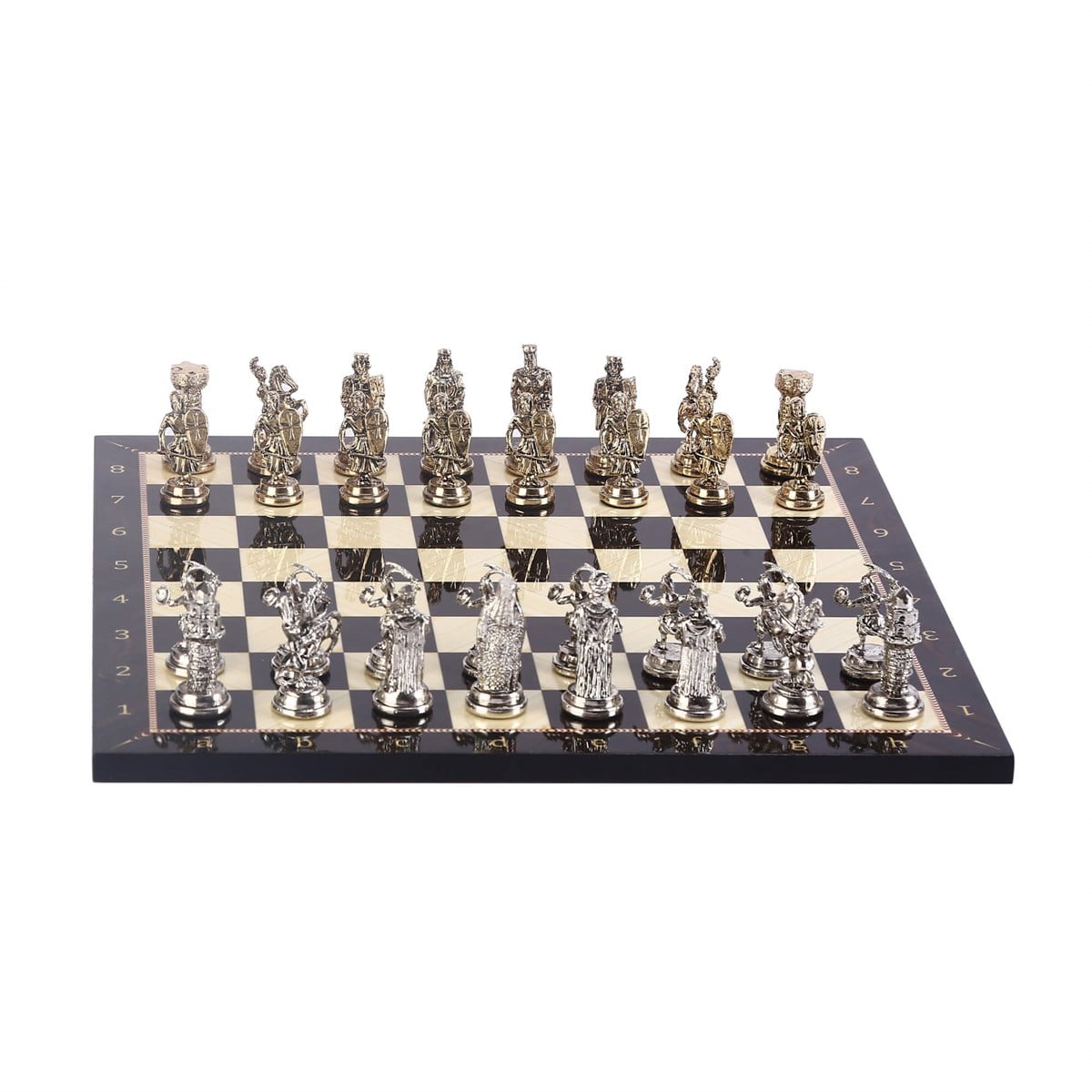 Orta Boy Metal  Osmanlı Bizans Satranç Takımı Parlak ve Ceviz Desenli MDF Ahşap Satranç Tahtası (37x37 cm.)