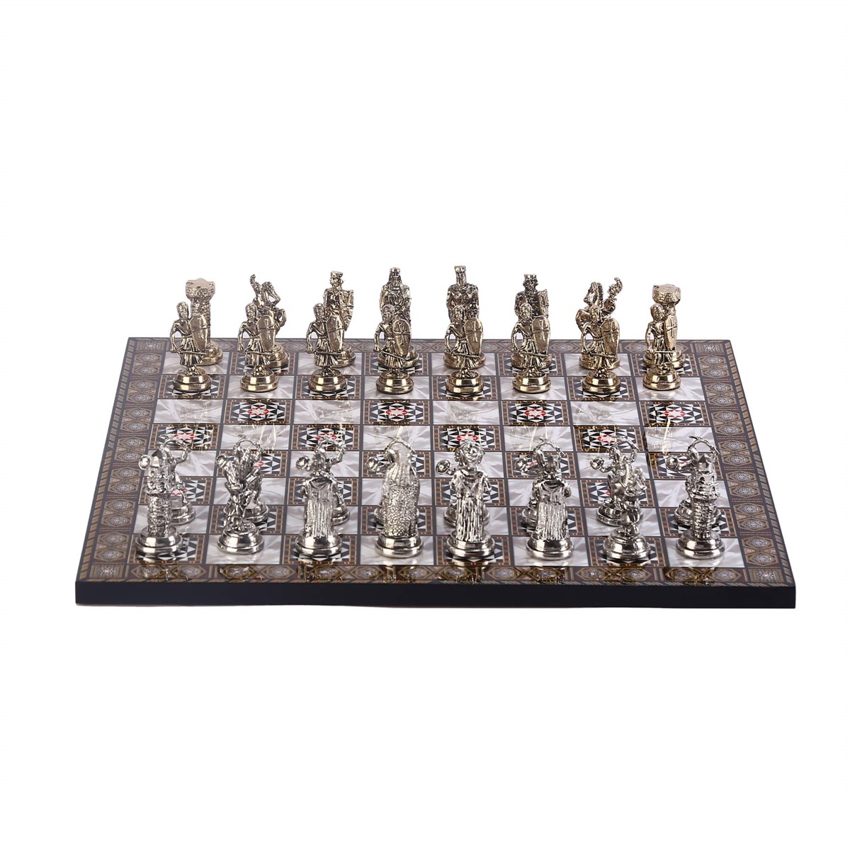 Orta Boy Metal  Osmanlı Bizans Satranç Takımı Parlak ve Sedef Desenli MDF Ahşap Satranç Tahtası (37x37 cm.)