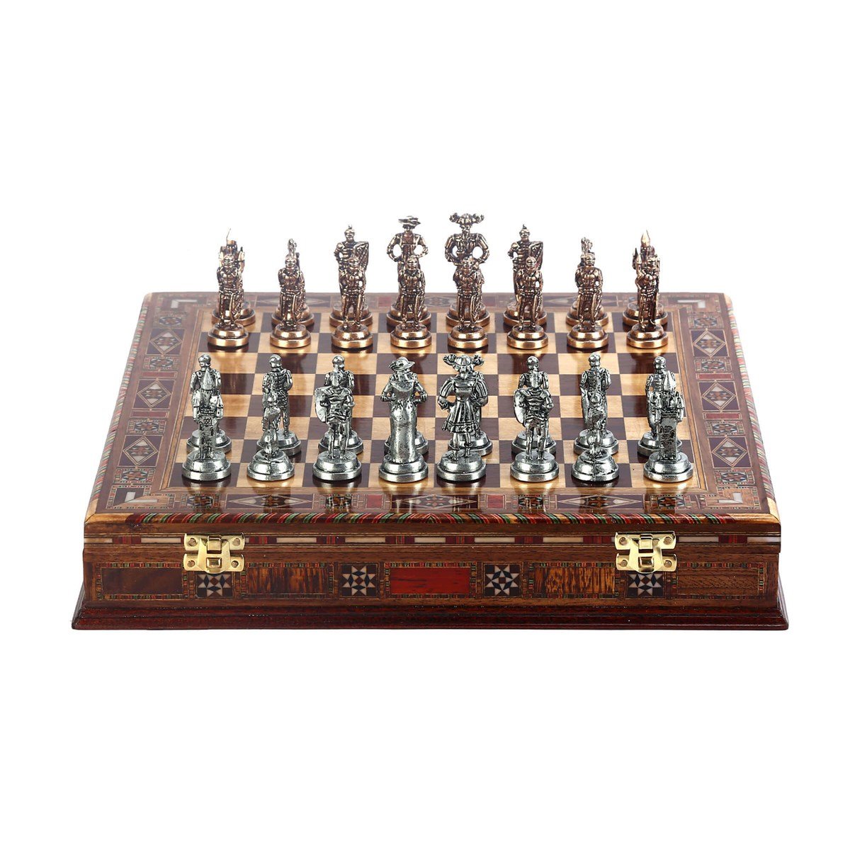 Orta Boy Metal İspanyol Satranç Takımı Antik ve El Yapımı Masif Ahşap Sandıklı Satranç Tahtası