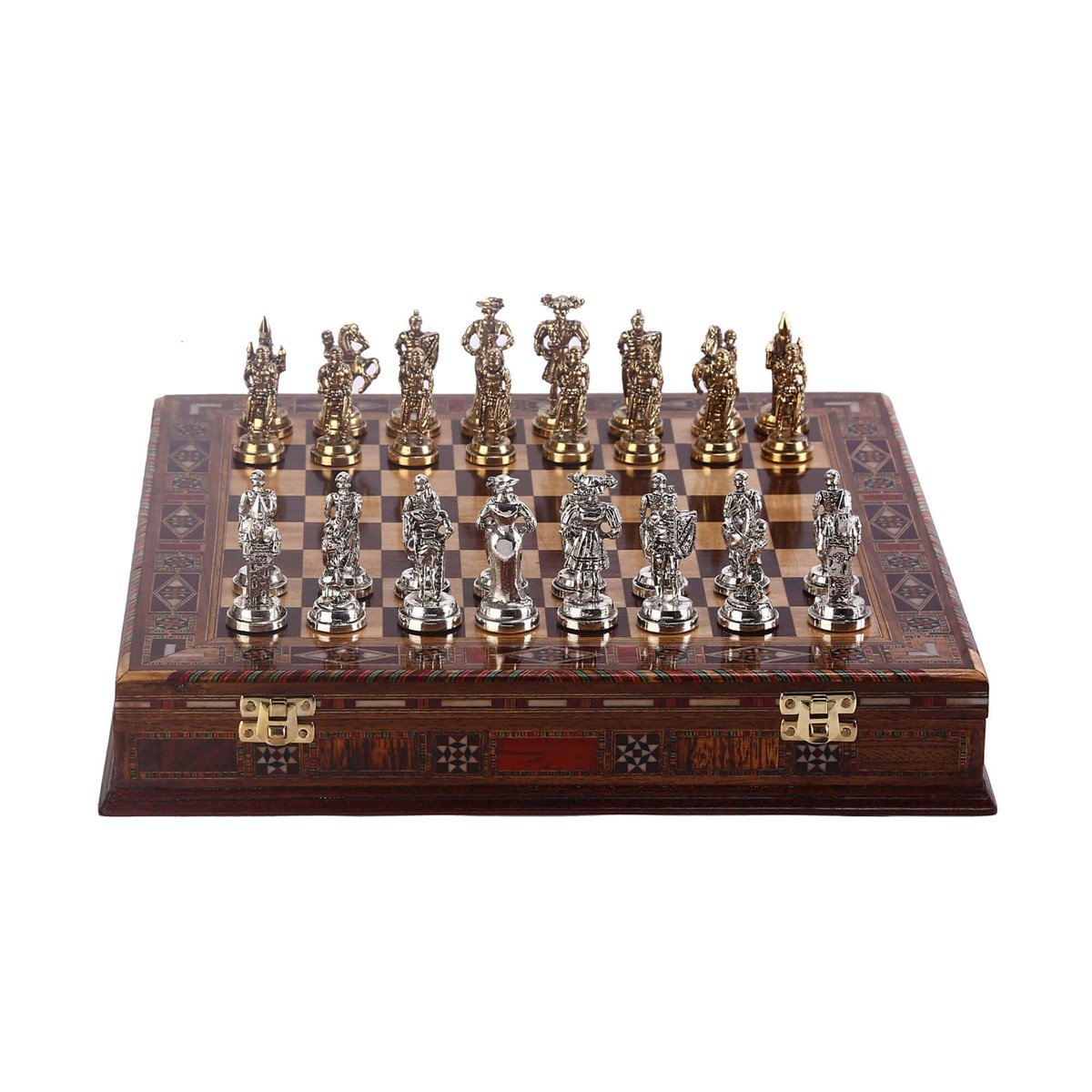 Orta Boy Metal İspanyol Satranç Takımı Parlak ve El Yapımı Masif Ahşap Sandıklı Satranç Tahtası