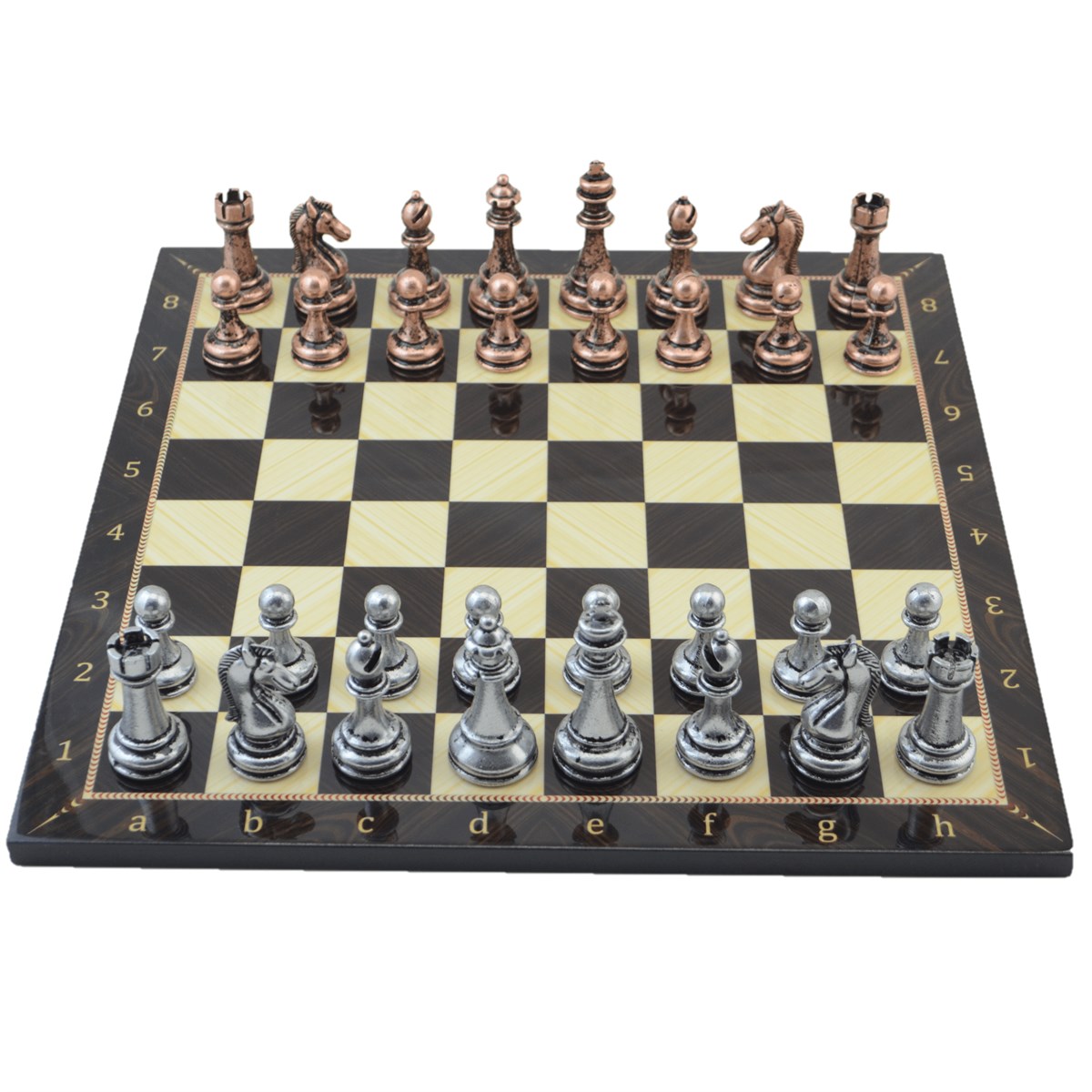 Metal Klasik Satranç Takımı Antik  ve Ceviz Desenli MDF Ahşap Satranç Tahtası  (37x37 cm.)