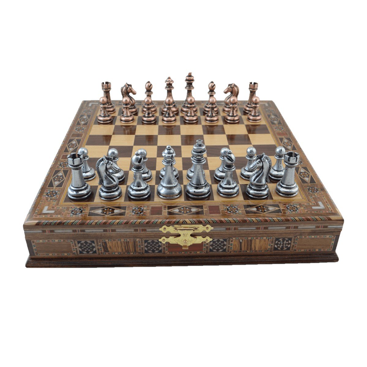 Metal Klasik Satranç Takımı Antik ve El Yapımı Masif Ahşap Sandıklı Satranç Tahtası