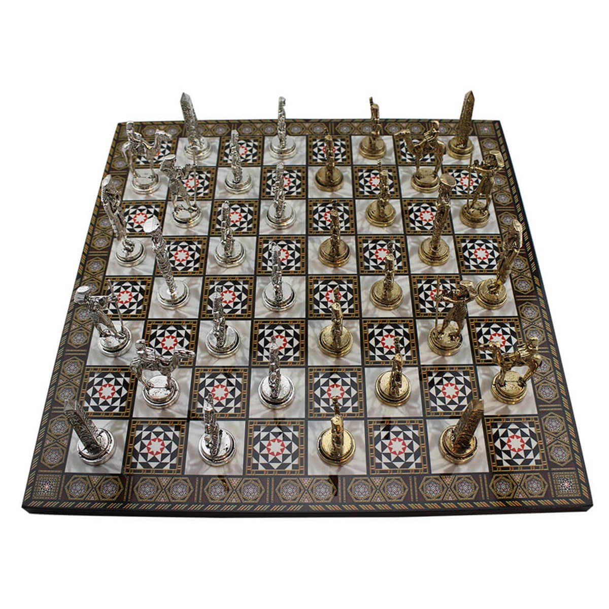 Metal Mısır Satranç Takımı Parlak ve Sedef Desenli MDF Ahşap Satranç Tahtası (37x37 cm.)