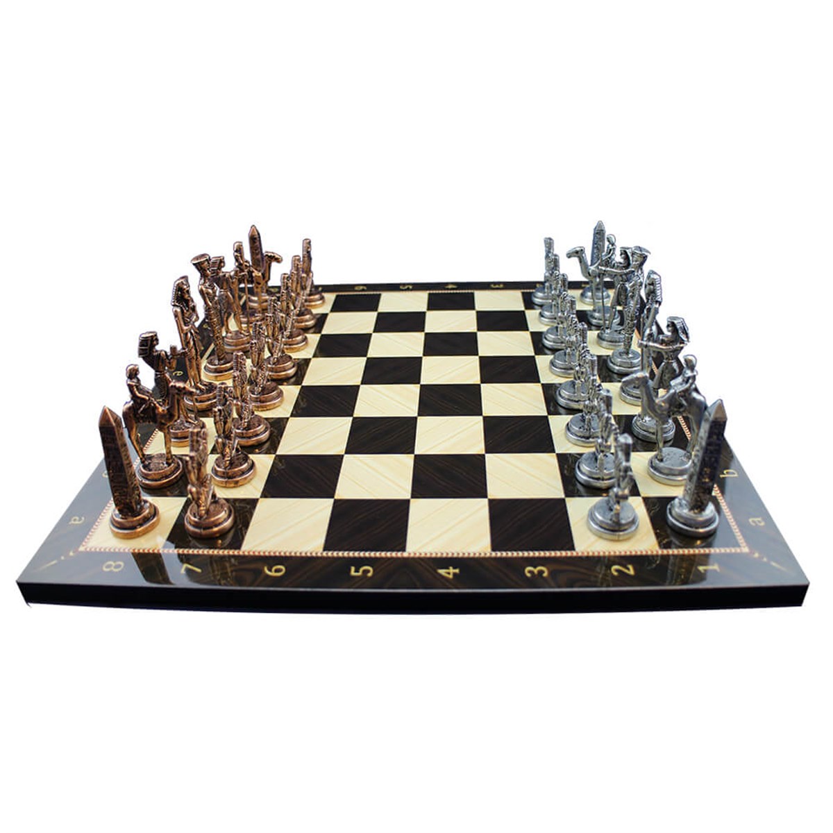 Metal Mısır Satranç Takımı Antik ve Ceviz Desenli MDF Ahşap Satranç Tahta (37x37 cm.)