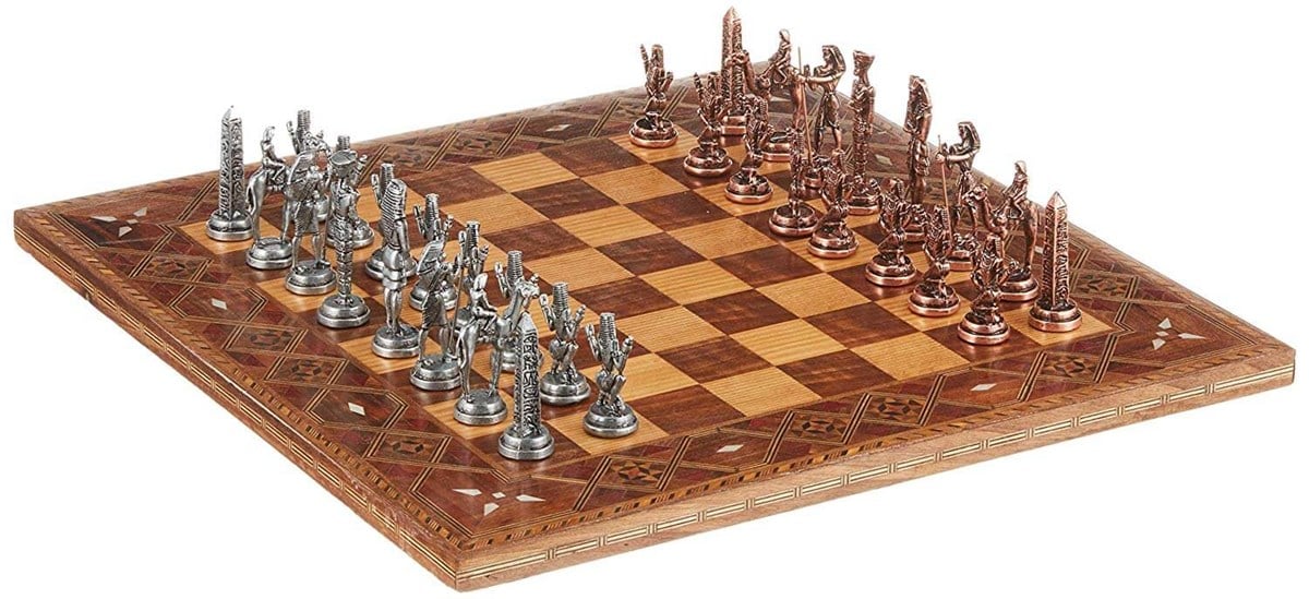 Metal Mısır Satranç Takımı Antik ve El Yapımı Düz Masif Ahşap Satranç Tahtası