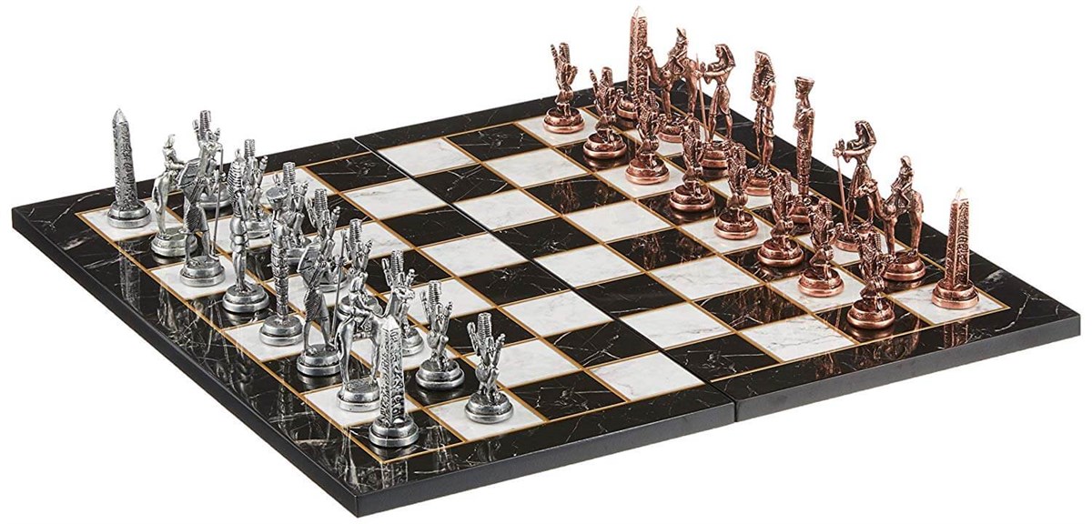 Metal Mısır Satranç Takımı Antik ve Katlanır Mermer Desenli MDF Ahşap Satranç Tahta (43x43 cm.)