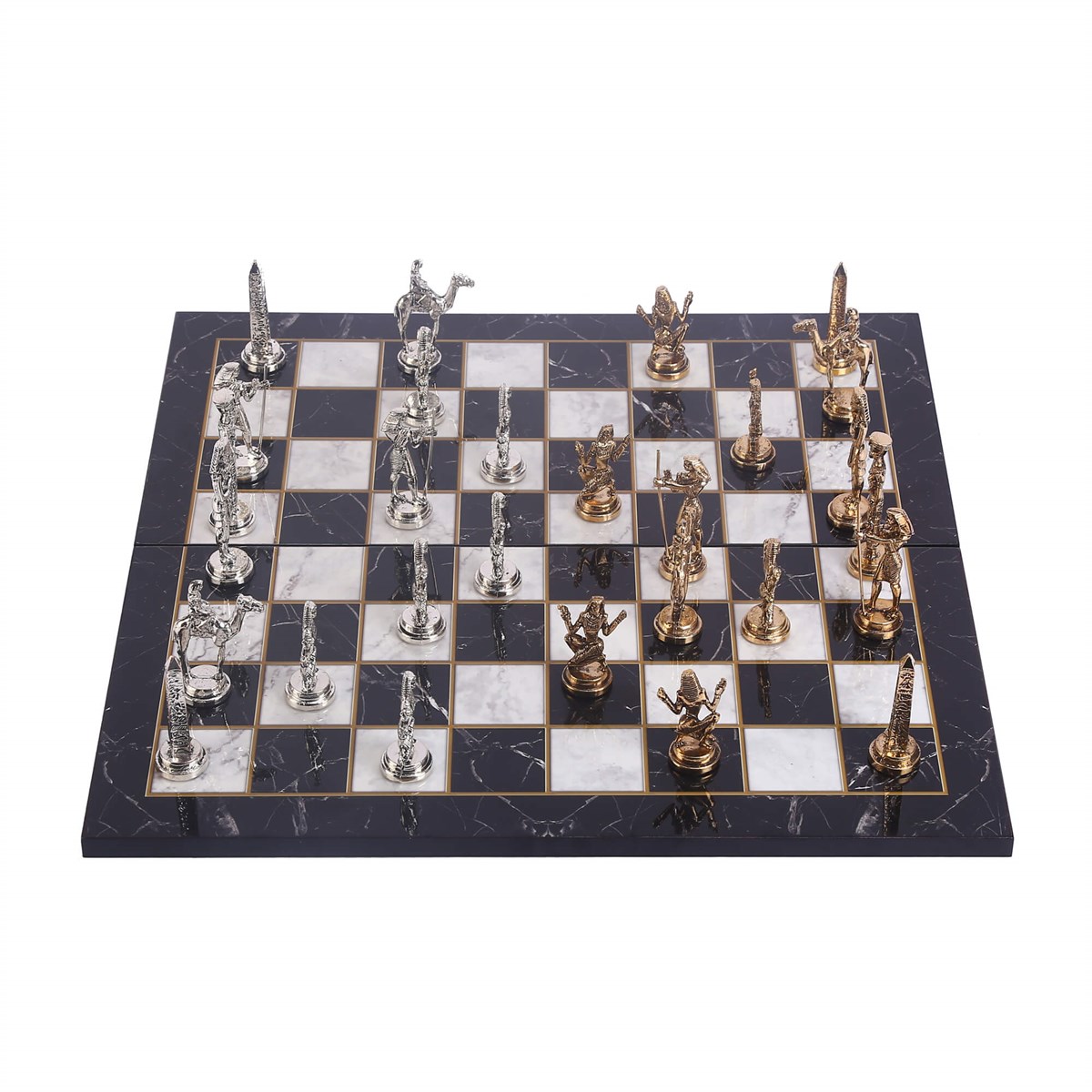 Metal Mısır Satranç Takımı Parlak ve Katlanır Mermer Desenli MDF Ahşap Satranç Tahta (43x43 cm.)