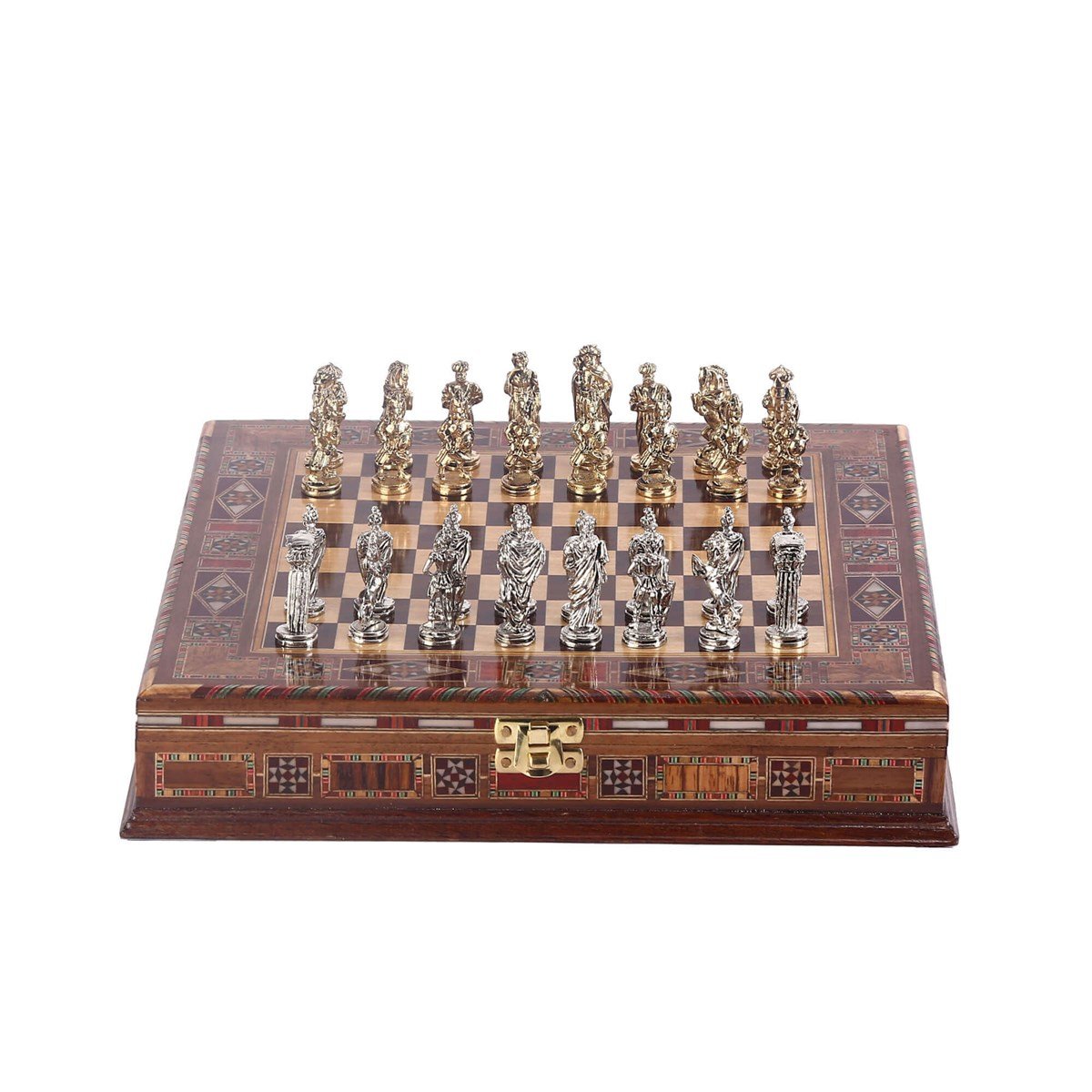 Küçük Boy Metal Osmanlı Bizans Satranç Takımı Parlak ve El Yapımı Masif Ahşap Sandıklı Satranç Tahtası