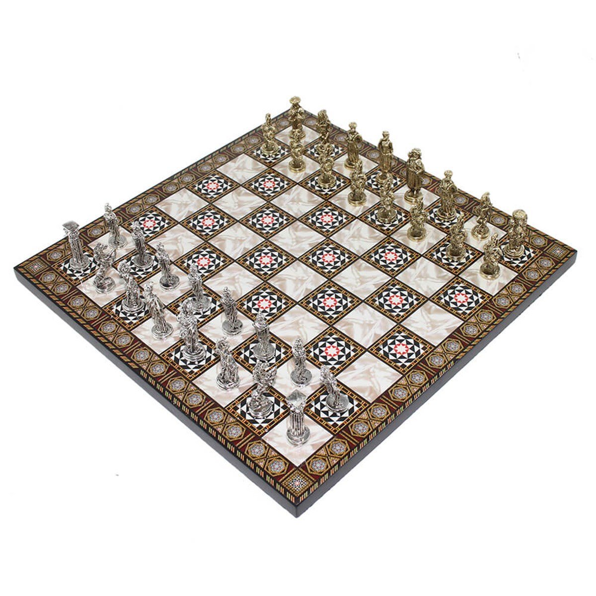 Küçük Boy Metal Osmanlı Bizans Satranç Takımı ve Sedef Desenli Küçük Tahtası (30x30 cm.)