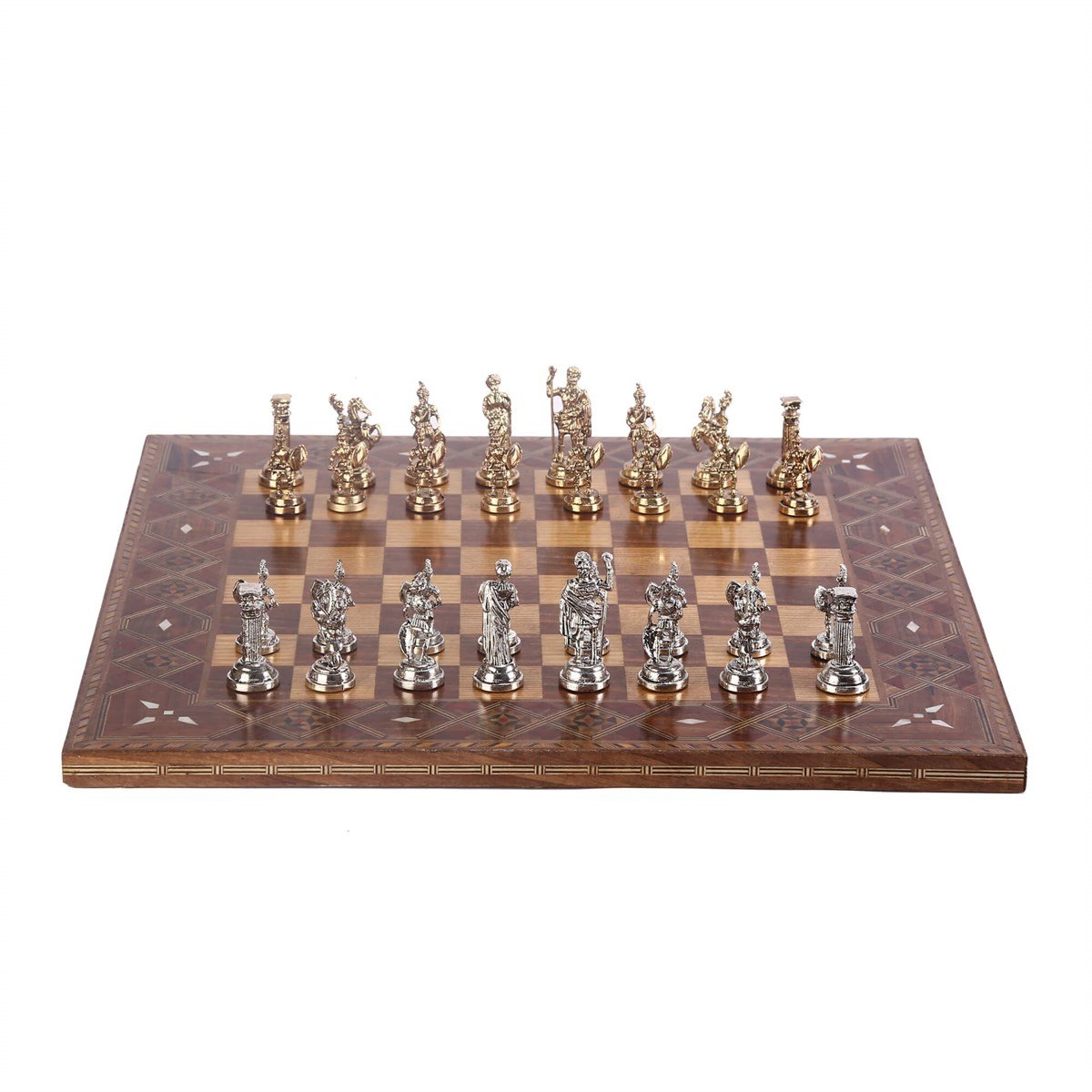 Orta Boy Metal Roma Satranç Takımı Parlak ve El Yapımı Masif Ahşap Düz Satranç Tahtası