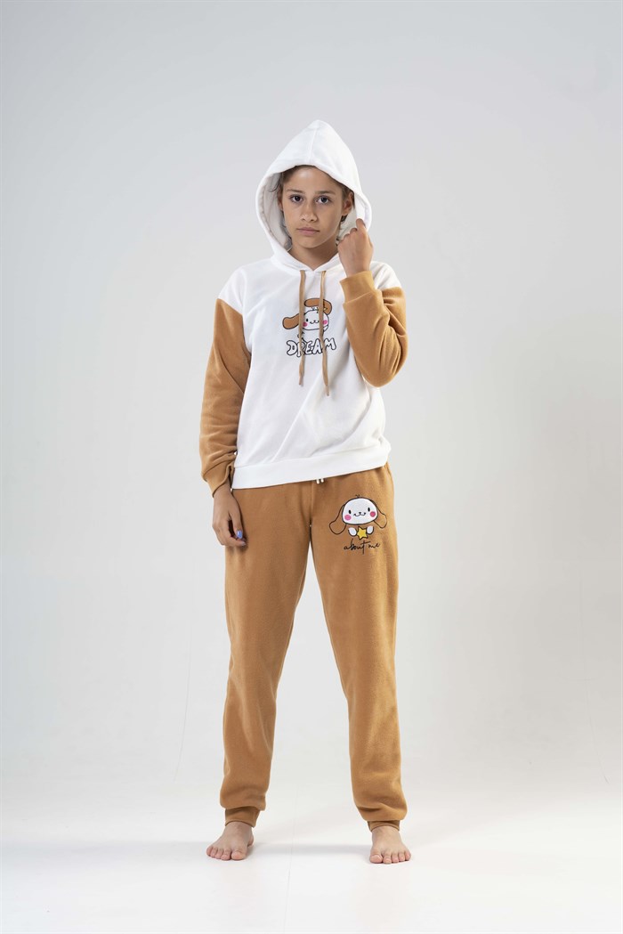  Ekru Kız Çocuk Uzun Kol Polar Pijama Takım
