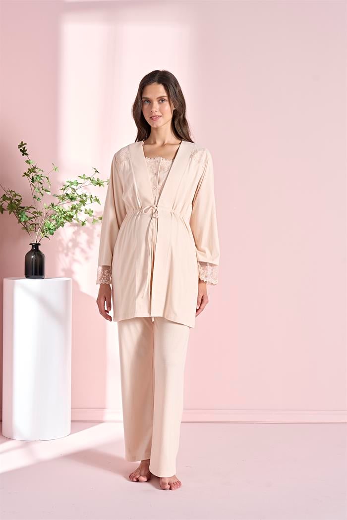 Kadın Bej Uzun Kollu Lohusa 3lü Takım