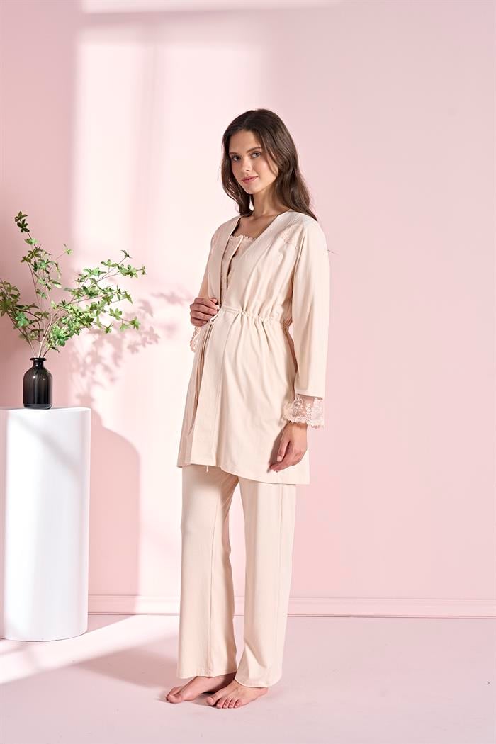 Kadın Bej Uzun Kollu Lohusa 3lü Takım