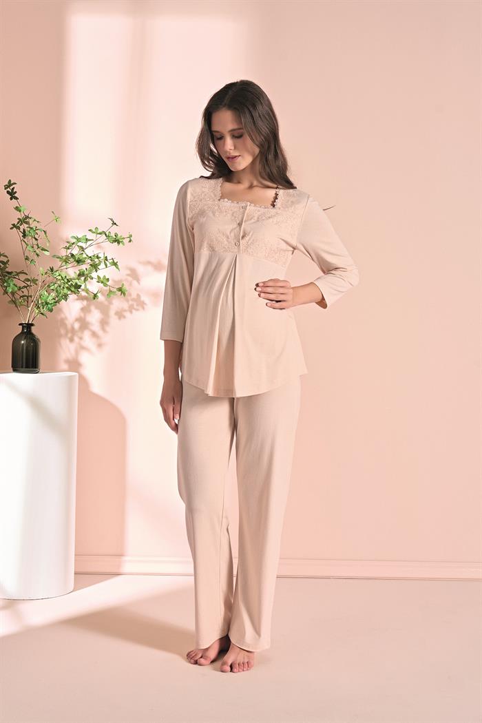 Kadın Bej Uzun Kollu Lohusa 3lü Takım