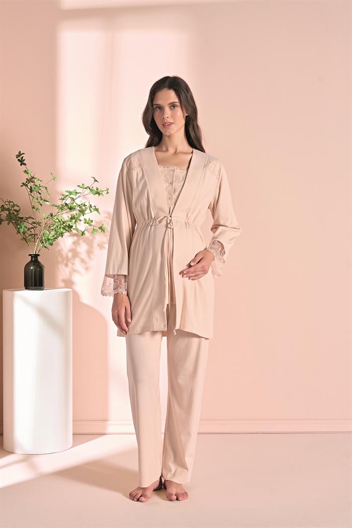 Kadın Bej Uzun Kollu Lohusa 3lü Takım