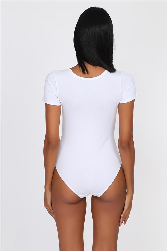Kadın Beyaz Cotton Yarım Kol Çıtçıtlı Body