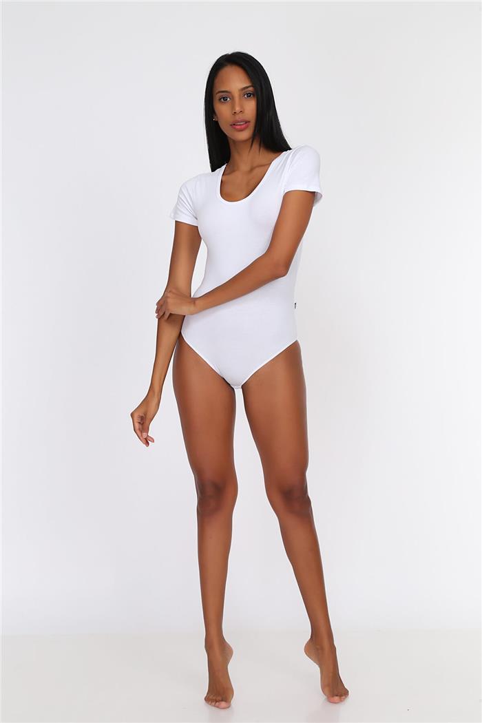 Kadın Beyaz Cotton Yarım Kol Çıtçıtlı Body