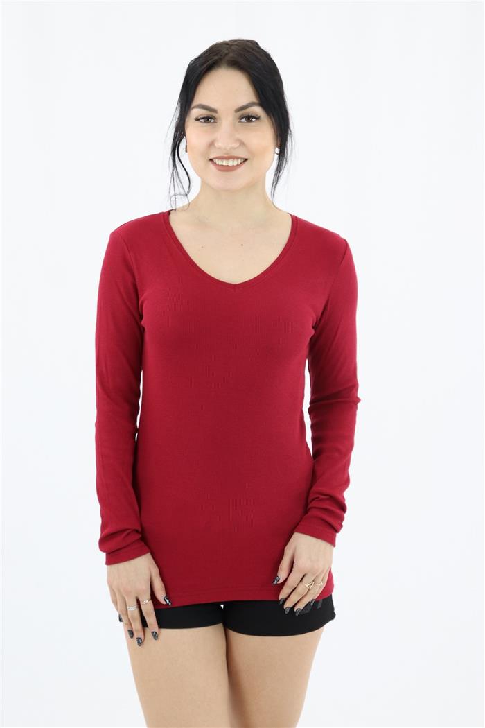 Kadın Bordo Uzun Kol V Yaka Body