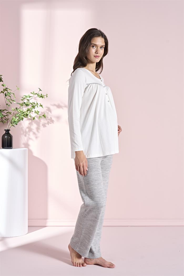 Kadın Gri Uzun Kollu Lohusa 3lü Takım