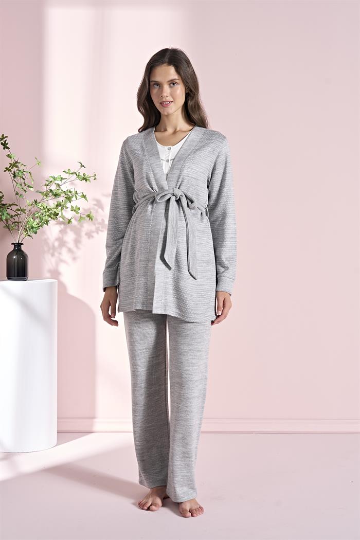 Kadın Gri Uzun Kollu Lohusa 3lü Takım