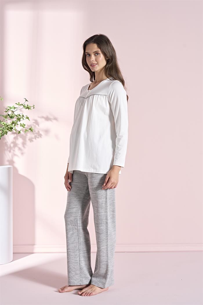 Kadın Gri Uzun Kollu Lohusa 3lü Takım