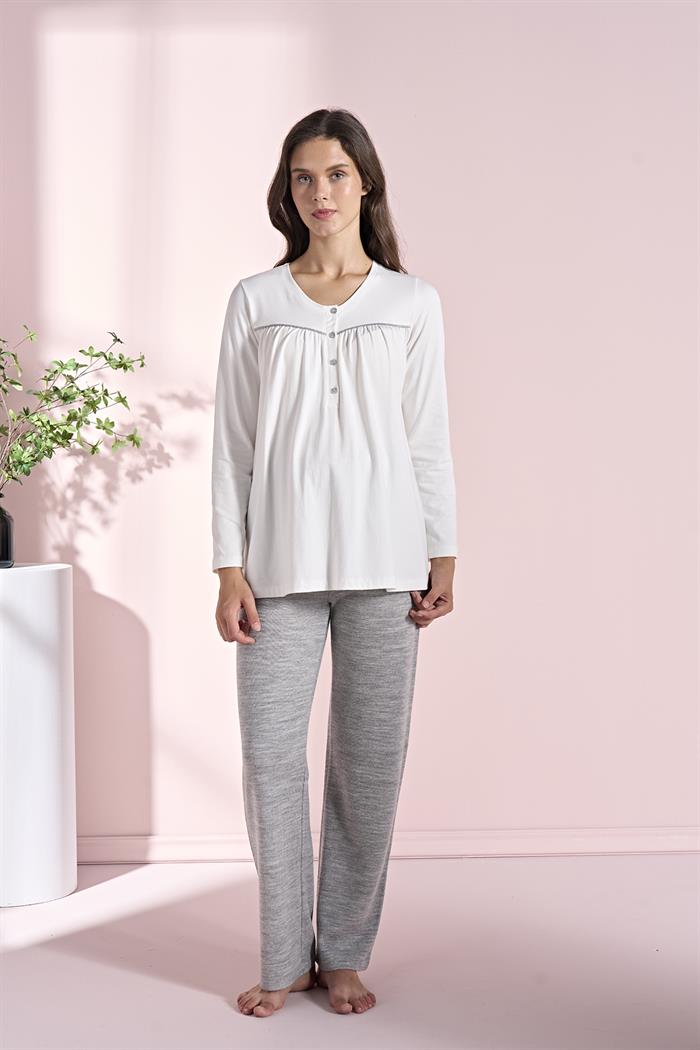 Kadın Gri Uzun Kollu Lohusa 3lü Takım