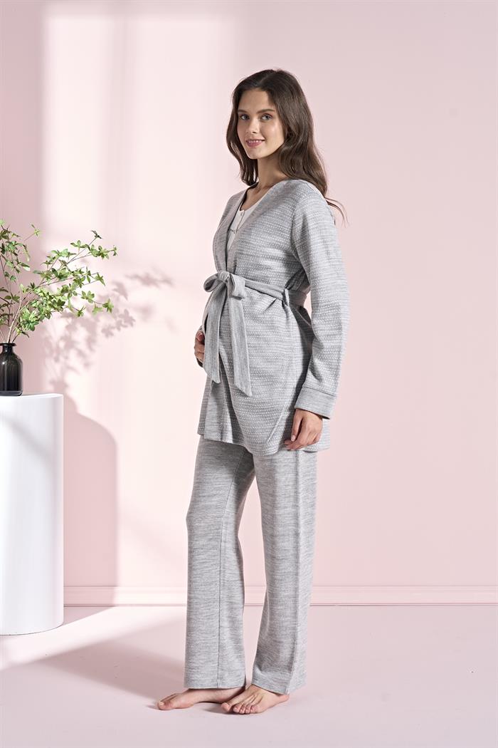 Kadın Gri Uzun Kollu Lohusa 3lü Takım