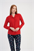Kadın Kırmızı Marla Gömlek Yaka Düğmeli Uzun Kol Pijama Üstü