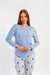 Kadın Mavi Likra Polyvıscon O Yaka Uzun Kol Pijama Üstü