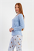 Kadın Mavi Likra Polyvıscon O Yaka Uzun Kol Pijama Üstü