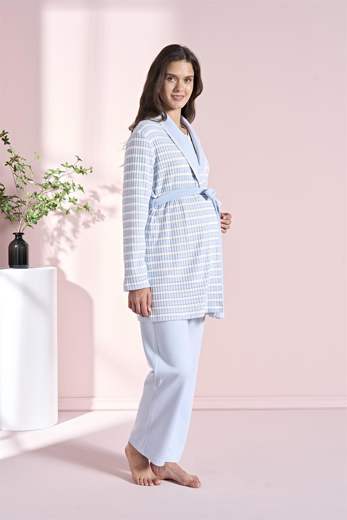 Kadın Mavi Uzun Kollu Lohusa 3lü Takım