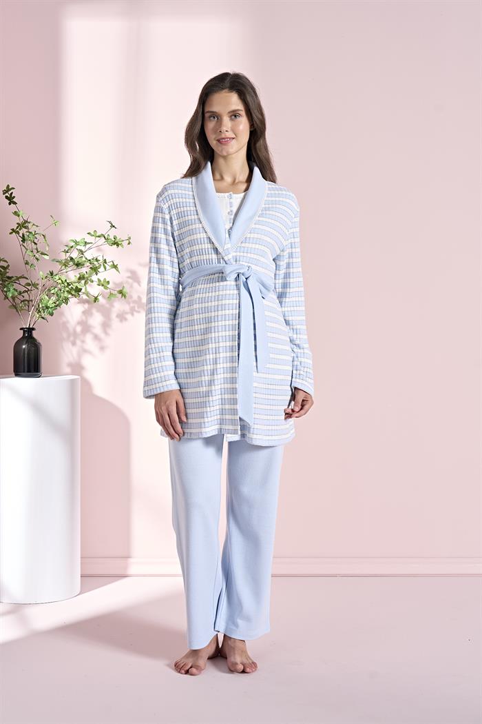 Kadın Mavi Uzun Kollu Lohusa 3lü Takım