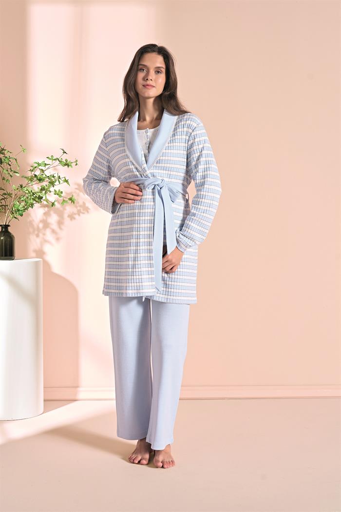 Kadın Mavi Uzun Kollu Lohusa 3lü Takım