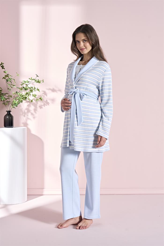 Kadın Mavi Uzun Kollu Lohusa 3lü Takım