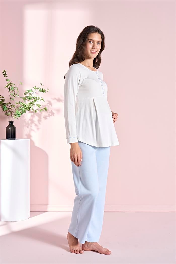 Kadın Mavi Uzun Kollu Lohusa 3lü Takım