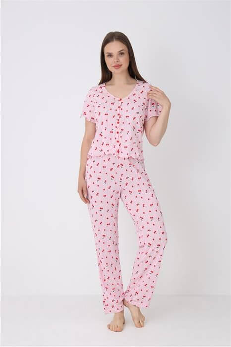 Kadın Pembe Kiraz Desen Transferli Ribana Düğmeli Üst