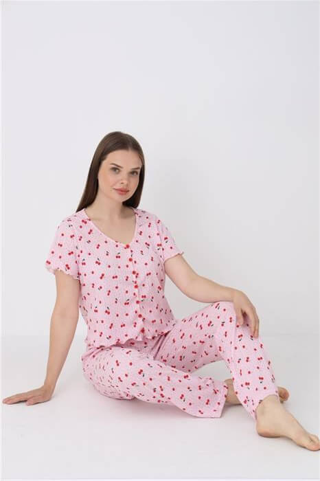 Kadın Pembe Kiraz Desen Transferli Ribana Düğmeli Üst