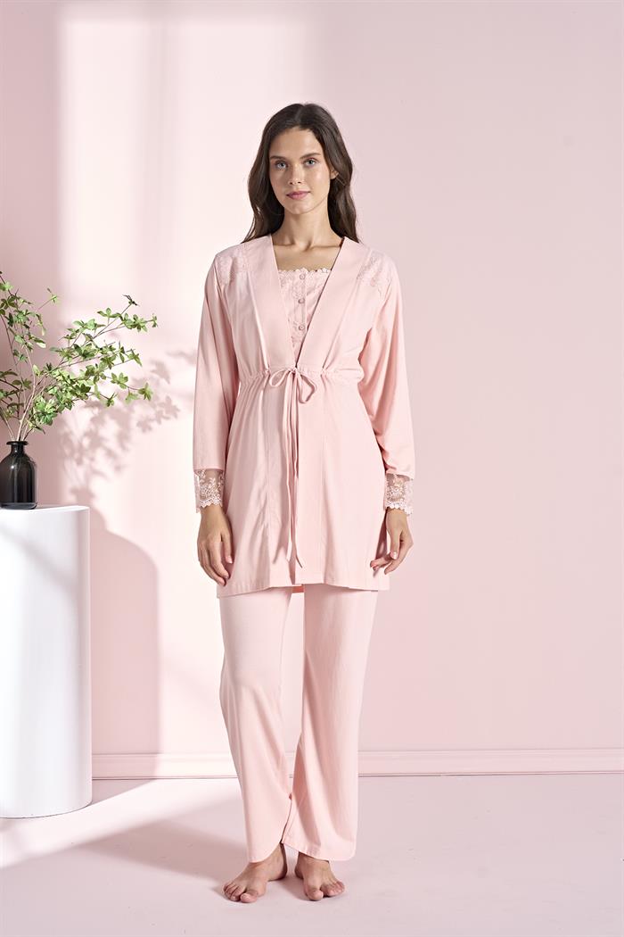 Kadın Pembe Uzun Kollu Lohusa 3lü Takım