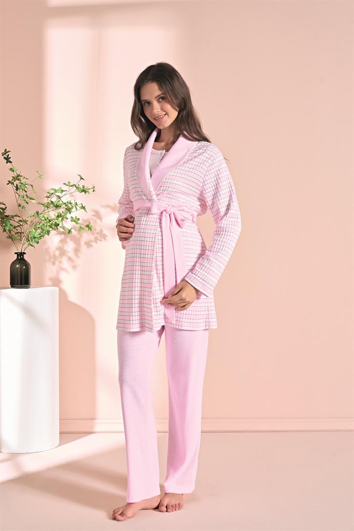 Kadın Pembe Uzun Kollu Lohusa 3lü Takım