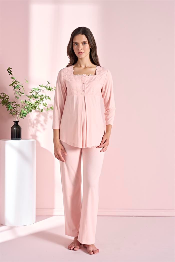 Kadın Pembe Uzun Kollu Lohusa 3lü Takım